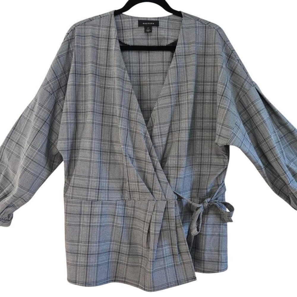 Halogen Chic Grey Glen Plaid Wrap Blouse Long Sleeve V-Neck Side Tie Top XXL